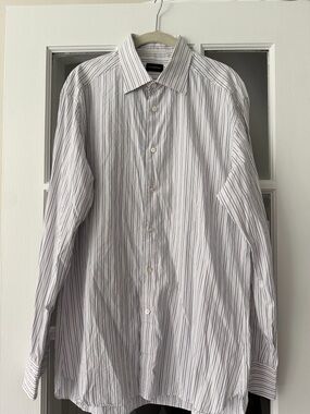 Ermenegildo Zegna White Dress Shirt with Blue and Gray Stripes